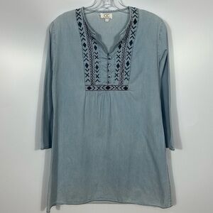 Chic Connection Light Wash Cotton Embroidered Jean Tunic Mini Dress Size S
